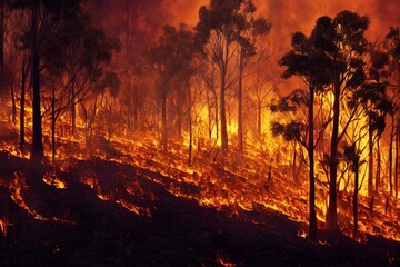 Fototapeta na wymiar Natural Disasters, bushfires destroying large forest areas, created with Generative AI technology