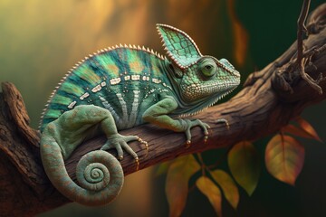 Chamelon, green, on a tree branch; veiled chameleon, up close. Generative AI