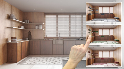Architect designer concept, hand showing japandi minimal wooden kitchen, colors in different options, interior design project draft, color picker, material sample