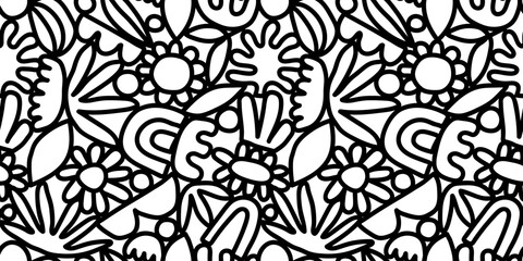 Abstract watercolor flower nature art seamless pattern illustration. Modern hand drawn floral painting, spring acrylic paint drawing background. Black and white flowers wallpaper print.	