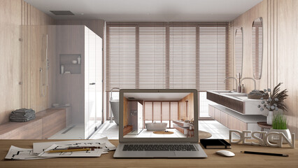 Architect designer desktop concept, laptop on wooden work desk with screen showing interior design project, modern japandi bathroom with bathtub