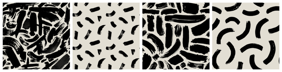 Black and white abstract brush stroke painting seamless pattern set. Modern paint line background collection in monochrome color. Messy graffiti sketch wallpaper print, rough hand drawn texture.