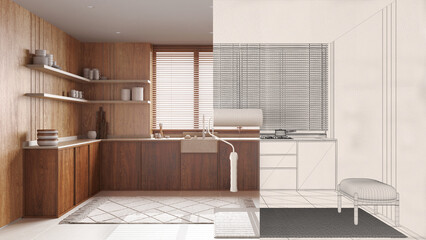 Fototapeta na wymiar Paint roller painting interior design blueprint sketch background while the space becomes real showing kitchen. Before and after concept, architect designer creative work flow