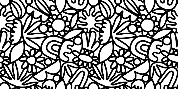 Abstract watercolor flower nature art seamless pattern illustration. Modern hand drawn floral painting, spring acrylic paint drawing background. Black and white flowers wallpaper print.	