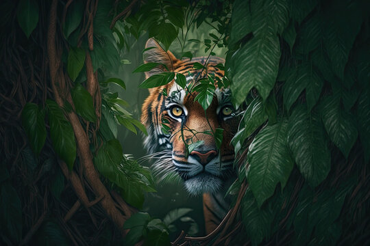 a tiger hiding in the leaves of a tree in the jungle, looking out from behind a branch with a green leaf on it's head, generative AI