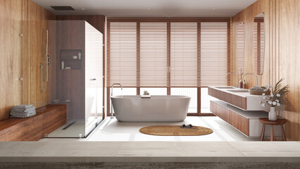 Naklejka na ściany i meble Wooden vintage table top or shelf closeup, zen mood, over japandi bathroom with freestanding bathtub and shower, minimal architecture interior design