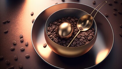  a bowl of coffee beans and two spoons on a plate with coffee beans on a table with coffee beans scattered around the bowl and scattered around the bowl.  generative ai