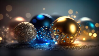  a group of shiny christmas balls on a table with lights in the background and a blurry image of the balls in the foreground.  generative ai