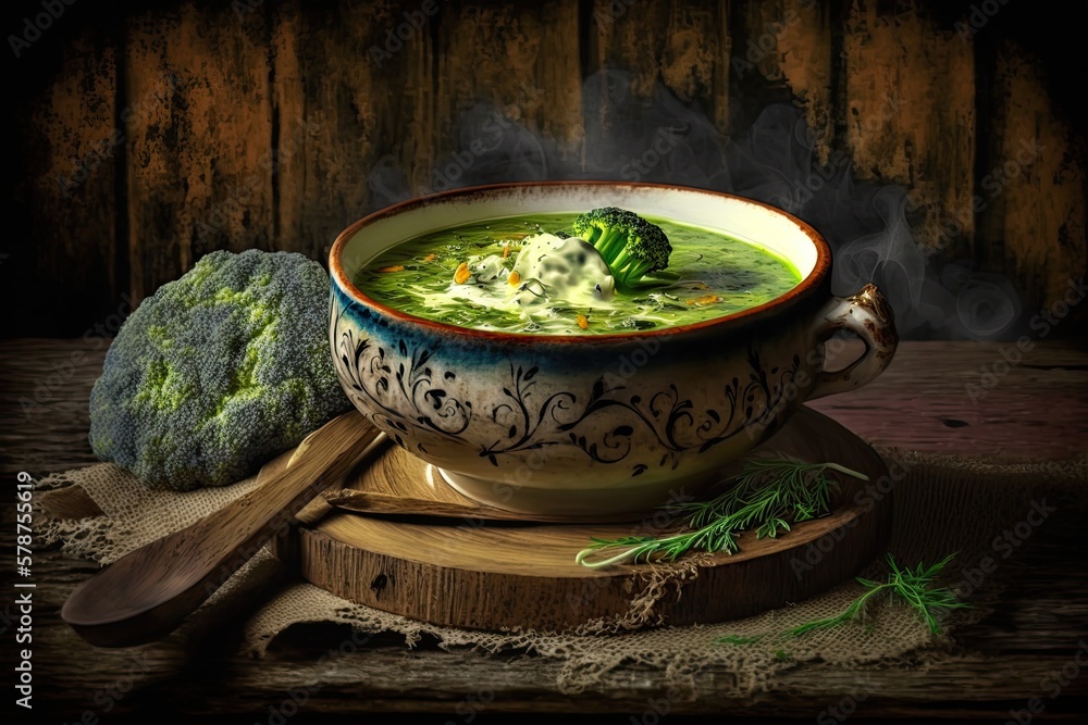 Poster blended broccoli soup with a wooden backdrop. tinting. concentrated effort on a subset of topics. ge