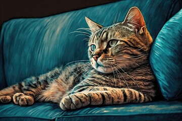 On a blue couch, an adult tabby cat rests its paw. Generative AI
