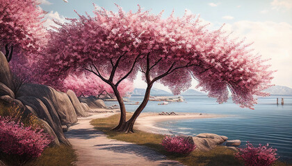 Seaside Sakura: A Perfect Spring Day with Cherry Blossoms and Ocean Breezes. Generative Ai
