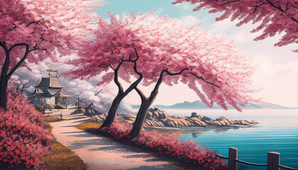 Cherry Blossoms in Spring: Scenic View of Pink Trees and the Blue Sea. Generative Ai