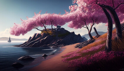 Sakura Dreams: Cherry Blossoms in Full Bloom by the Seaside. Generative Ai