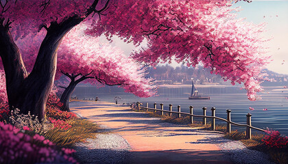 Cherry Blossoms by the Sea: A Stunning Display of Pink Petals and Ocean Views. Generative Ai