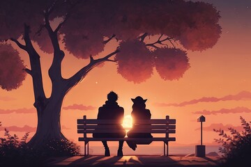 Naklejka na ściany i meble two people sitting on a bench in front of a tree with the sun setting in the background and the sky in the foreground,. generative ai
