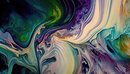  an abstract painting with multicolored paint streaks and swirls on a black background with white, blue, yellow, and green colors.  generative ai