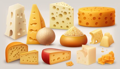  a variety of cheeses are shown on a white background, including cheeses, cheese wedges, cheese ball, and cheese grater.  generative ai