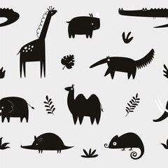 Seamless pattern with monochrome black african animals .
