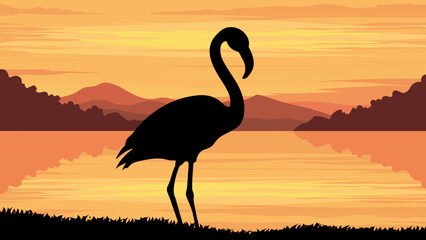 a flamingo standing in front of a lake at sunset with mountains