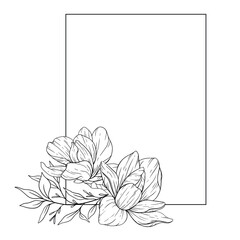 Floral Line Art. Floral Frame. Magnolia Outline Illustration. Black and White Botanical