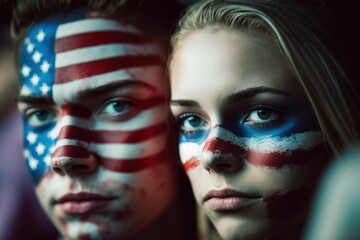 USA Independence Day: couple of young people with faces painted in red, white and blue colors