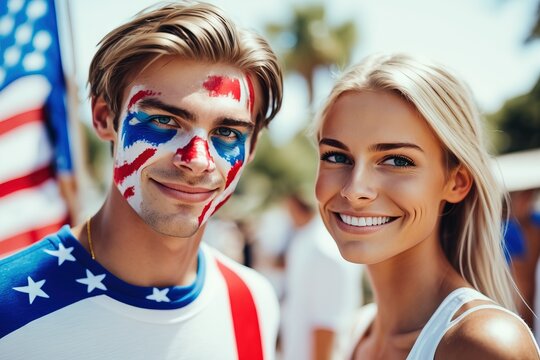 USA Independence Day: couple of young people with faces painted in red, white and blue colors