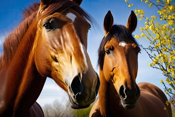 CLOSE UP FROM A LOW ANGLE Two brown coated horses graze in the peaceful March countryside. Two gorgeous brown horses grazing in the bright spring sunshine, captured at close range. Generative AI