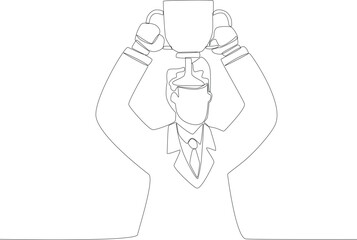 An employee gets a trophy for his work. Employee appreciation one line drawing