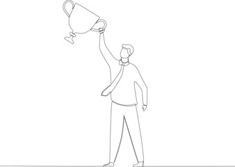 A man celebrating his win by holding a trophy. Employee appreciation one line drawing