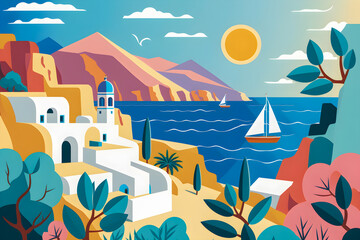 Greece landscape, flat design illustration, traditional, traditional Greek colors, Generative AI