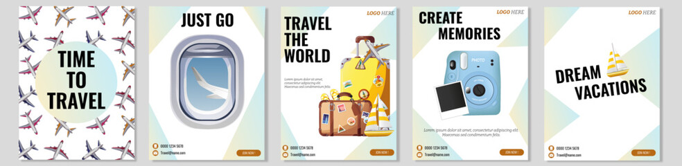 Travel the world social media post and web banner template design. Set of web banner, flyer or poster for travel, tourism company, offer promotion.	
