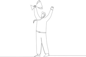 A man raised a cup in his hand. Employee appreciation one line drawing
