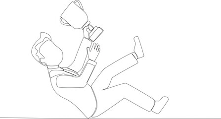 A man celebrating his success got a trophy. Employee appreciation one line drawing