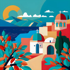Greece landscape, flat design illustration, traditional, traditional Greek colors, Generative AI