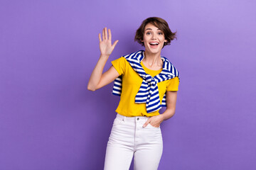 Obraz na płótnie Canvas Photo of positive excited woman wear tied sweater waving arm palm smiling isolated purple color background