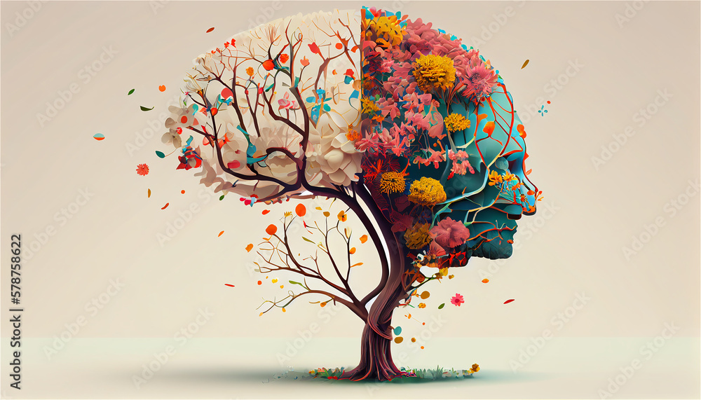 Wall mural human brain tree with flowers mental concept, generative ai