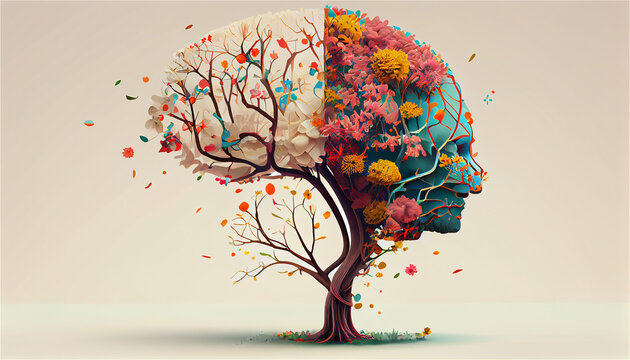human brain tree with flowers mental concept, Generative AI