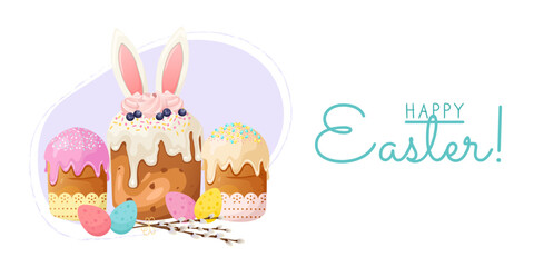 Happy easter banner with Easter cakes, eggs and willow sprig.