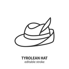 Tyrolean hat line icon. Hunter hat with feather vector symbol. German traditional accessory. Editable stroke. - 578758850