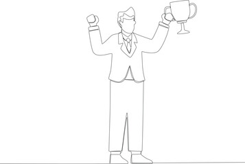 A man holding an award trophy. Employee appreciation one line drawing