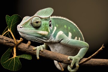 A cute green chameleon perched on a white branch. Generative AI