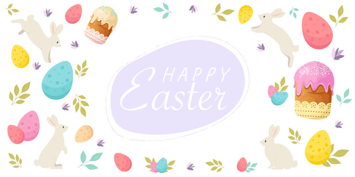 Easter banner with easter cakes, painted eggs, rabbits, lavender isolated on white background.