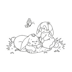 two cute bunnies with carrot and butterfly