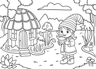 Little gnome with a cake stands in the garden near the house coloring book for children vector