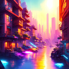 Ai generated art generative Ai, modern cyberpunk city, neon cyberpunk, future cyberpunk city, future cyberpunk illustration, sci-fi cyberpunk, full neon color, cyberpunk neon color, neon sci-fi.