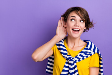 Photo of positive tricky lady wear stylish clothes look up empty space interesting offer...