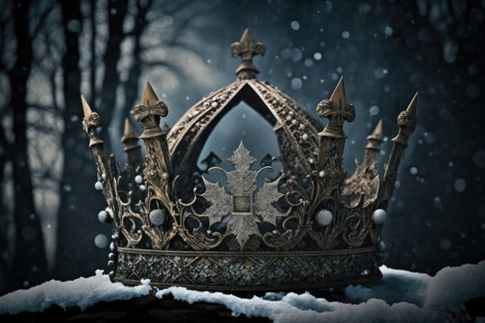 Beautiful crown fit for a queen or king, superimposed on a dark, snowy, and gothic background; a mysterious and enchanted photograph. thought of the Middle Ages. Generative AI