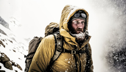 Hiker bundled in warm clothing and backpacks trudge through a snowy mountain trail, their faces and hair whipped by strong gusts of icy wind