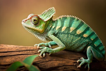 Obraz premium Image of a slender, scaly, chameleon like reptile in its natural greenish. Generative AI