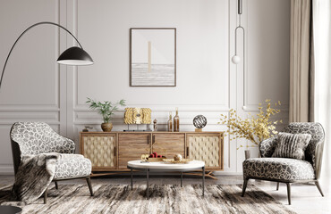 Modern interior of living room with sideboard and armchairs. Coffee table on the rug. Fur pillow and plaid on the armchairs. Wall paneling in home interior design. 3d rendering